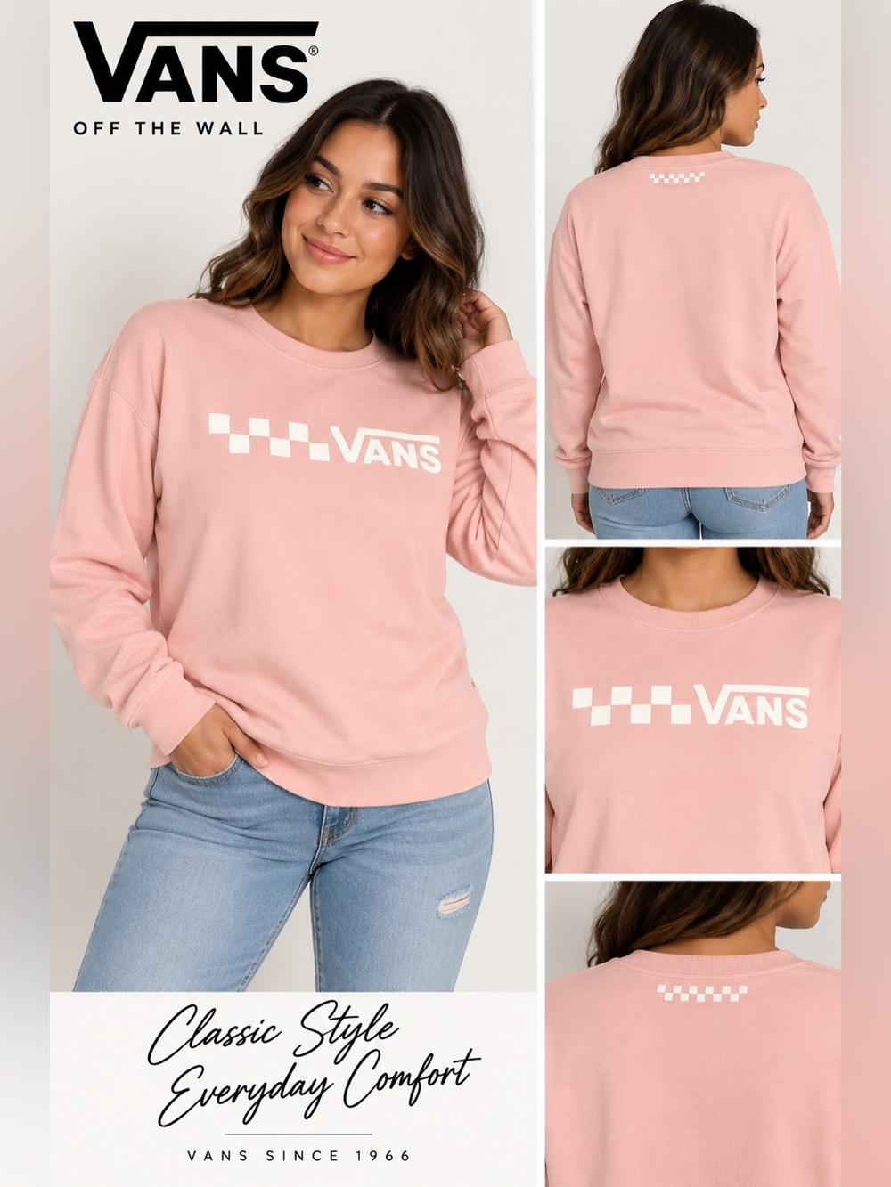 Vans Pink Crewneck Sweatshirt with White Checker Logo | Size Medium